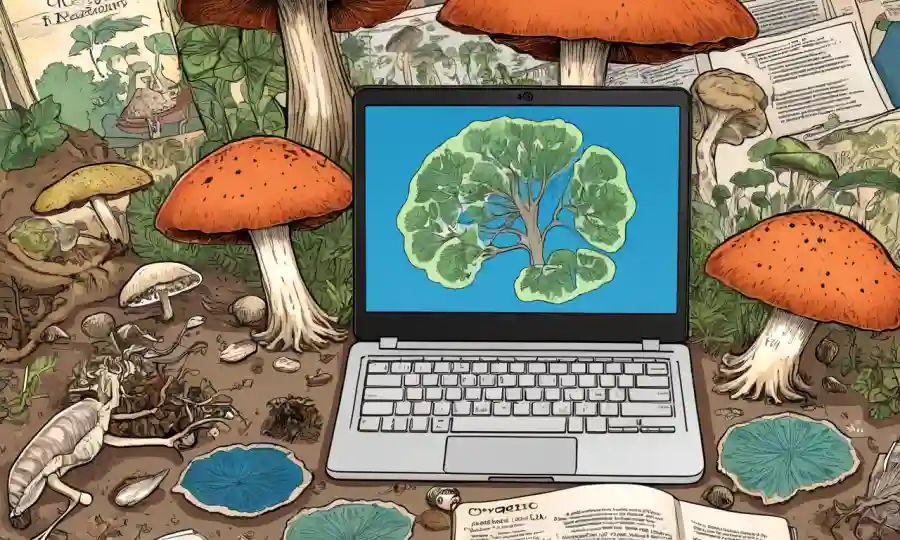 Varios recursos digitales para aprender taxonomía micológica mostrada en computadoras portátiles y tabletas.