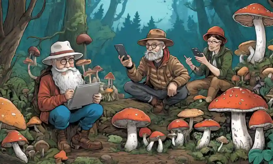Grupo de expertos en hongos se reunieron alrededor de una colección de hongos, destacando notables plataformas en línea.