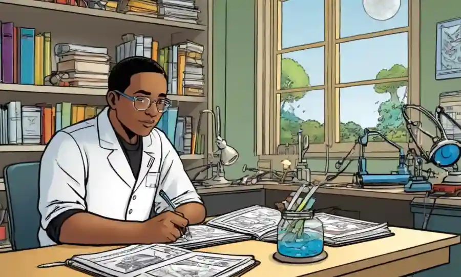 Un estudiante aprendiendo de libros de texto y equipos de laboratorio en un entorno ecológico.