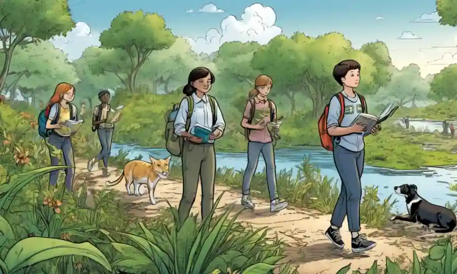 Un grupo de estudiantes que estudian la convivencia vegetal y animal en una reserva natural con énfasis en la ecología.