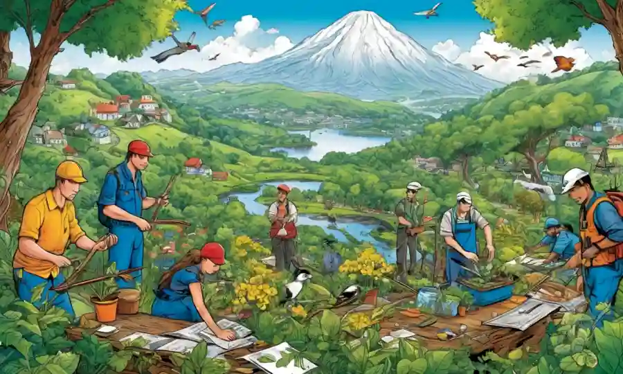 Gente de diferentes profesiones trabajando en armonía con la naturaleza en medio de ilustraciones ecológicas.