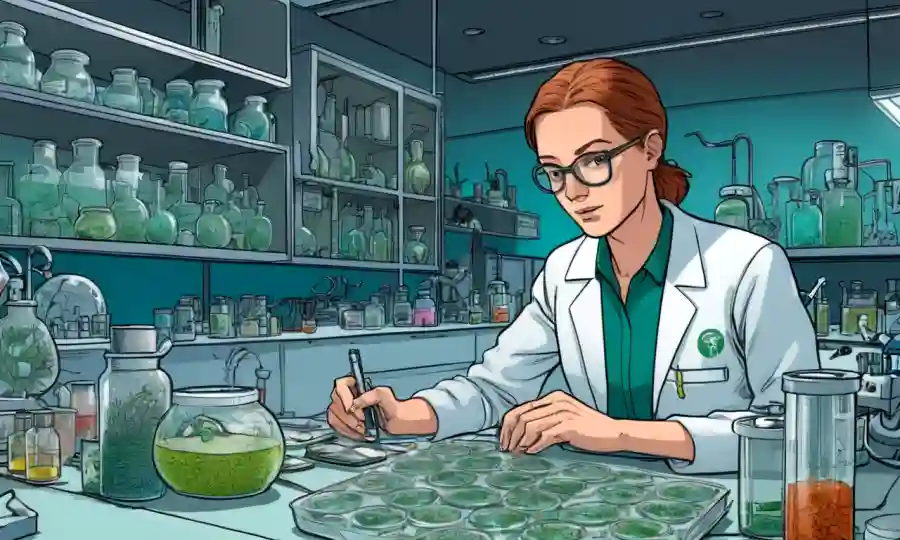 Persona que estudia ecología y simbiosis en un laboratorio rodeado de platos y equipos petri.