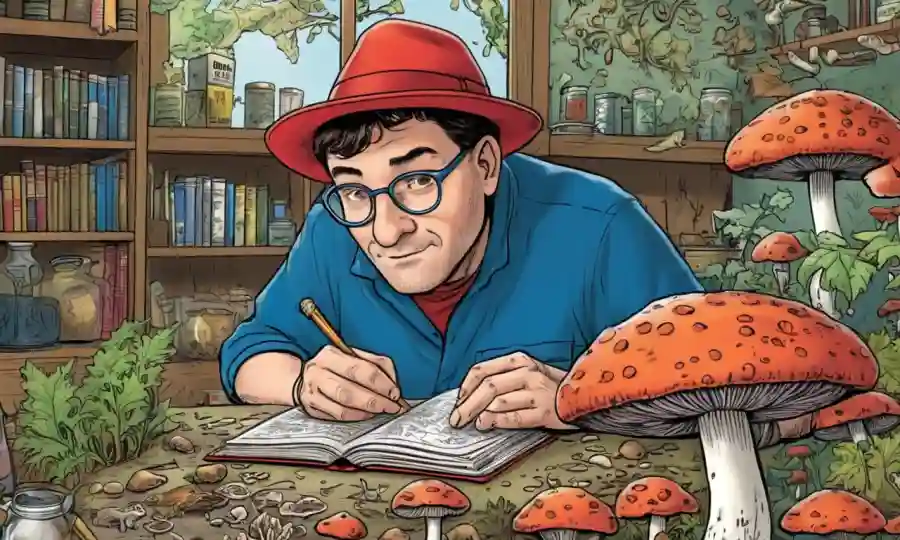 Un experto en hongos que estudia literatura hongos rodeado de muestras fúngicas.