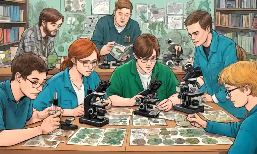 Un grupo de estudiantes de micología se reunieron alrededor de diapositivas de microscopio y especímenes fúngicos, rodeados de diagramas y libros educativos.