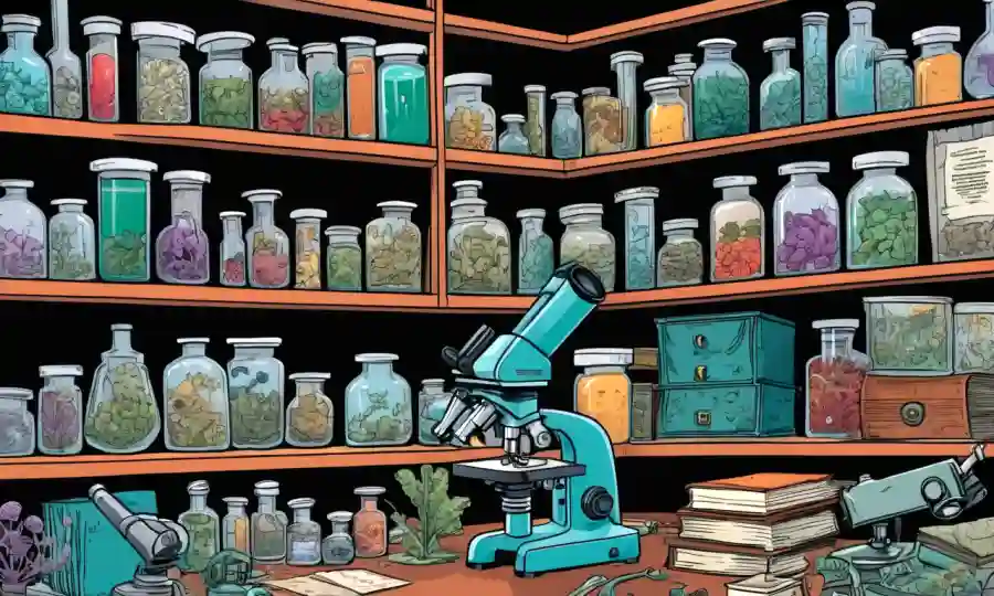 Microscopios de laboratorio y especímenes de hongos en estantes en medio de artículos relacionados con el mundo académico.