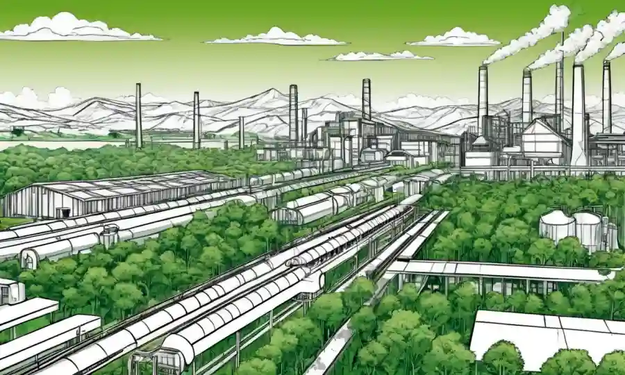 Paisaje industrial o fábrica con barras de crecimiento verde superpuestas, destacando el progreso del desarrollo sostenible.