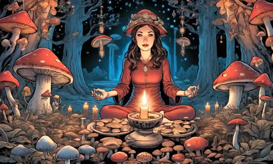 Una imagen con una persona rodeada de símbolos místicos y setas mágicas con velas encendidas en el fondo.