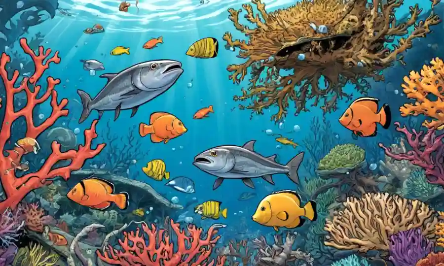 Una ilustración que muestra varias relaciones simbióticas entre diferentes especies en la naturaleza, como corales y peces.