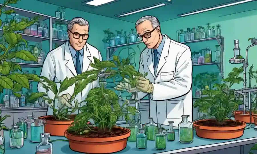 Un científico que realiza experimentos controlados sobre simbiosis vegetal-animal en un entorno de laboratorio.
