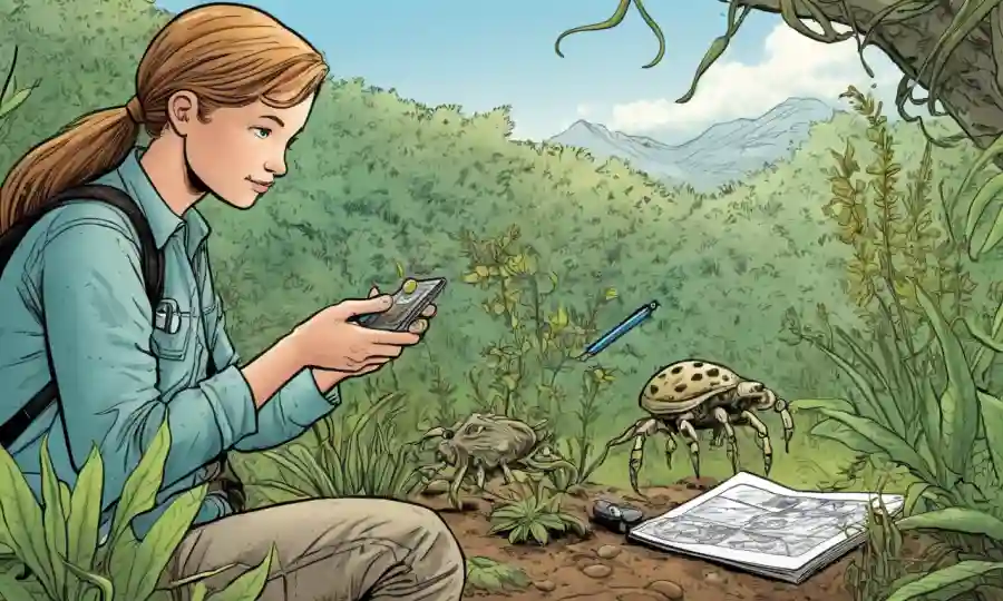 Investigador de campo observando relaciones simbióticas entre plantas o animales en un entorno natural, notando mediciones y datos.