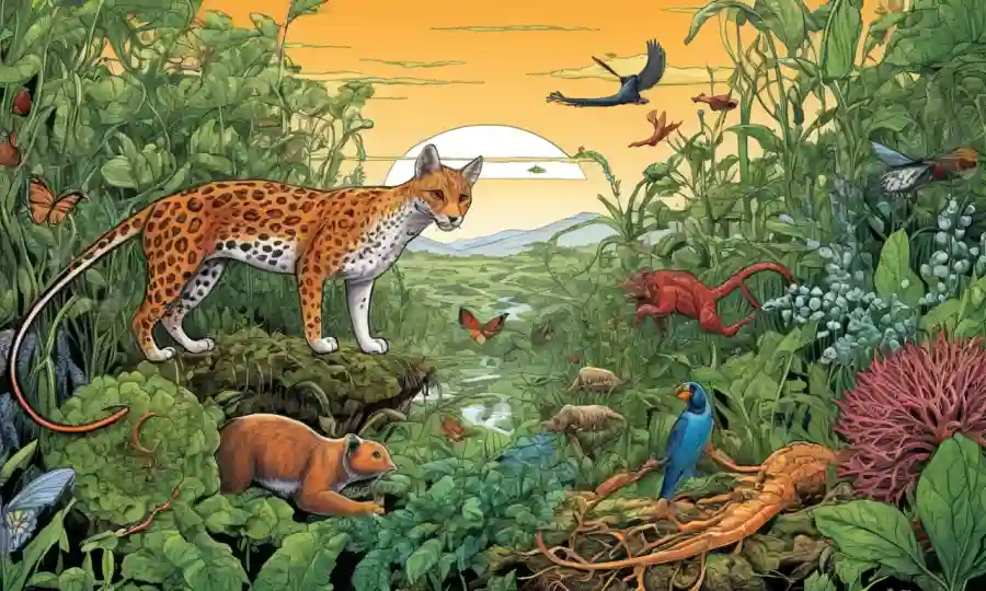 Ilustración científica de plantas interconectadas y especies animales