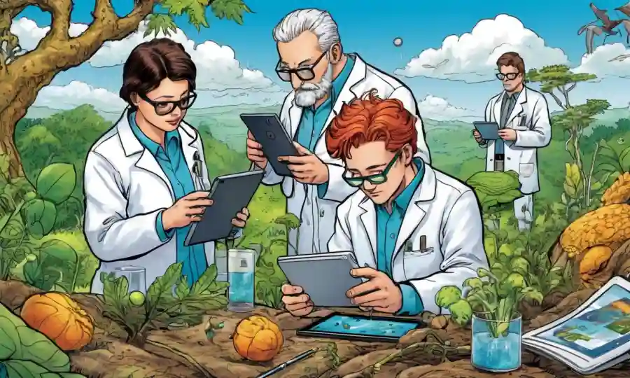 Científicos analizando datos en tabletas en medio de un entorno natural con diversos organismos.