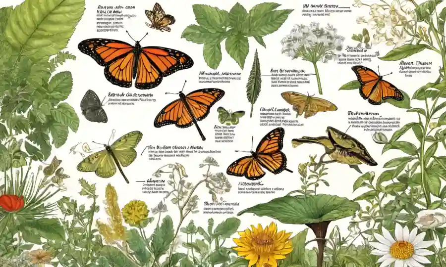 Ilustraciones científicas de especies rodeadas de diagramas botánicos y diagramas de conservación.