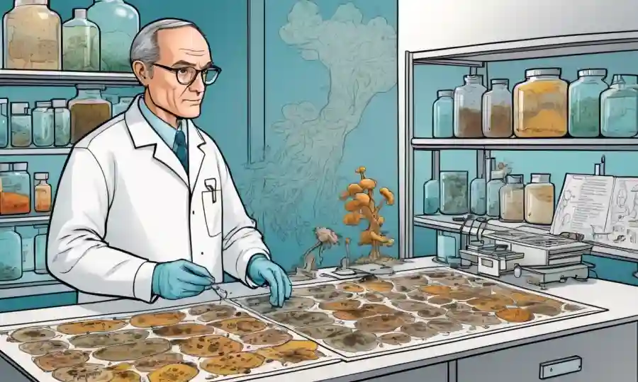 Un micólogo que examina especies fúngicas en un laboratorio con notas y terminología.