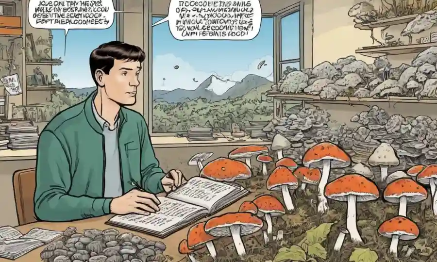 Un micólogo que estudia hongos mientras hace referencia a notas de fraseología en el fondo.