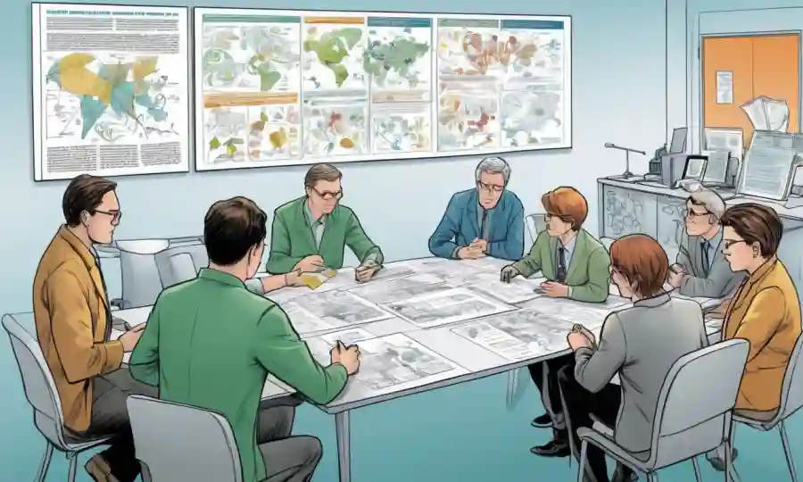 Una imagen con investigadores de universidades o instituciones que trabajan juntas en una mesa, rodeada de diagramas y papeles sobre proyectos de biocontrol.