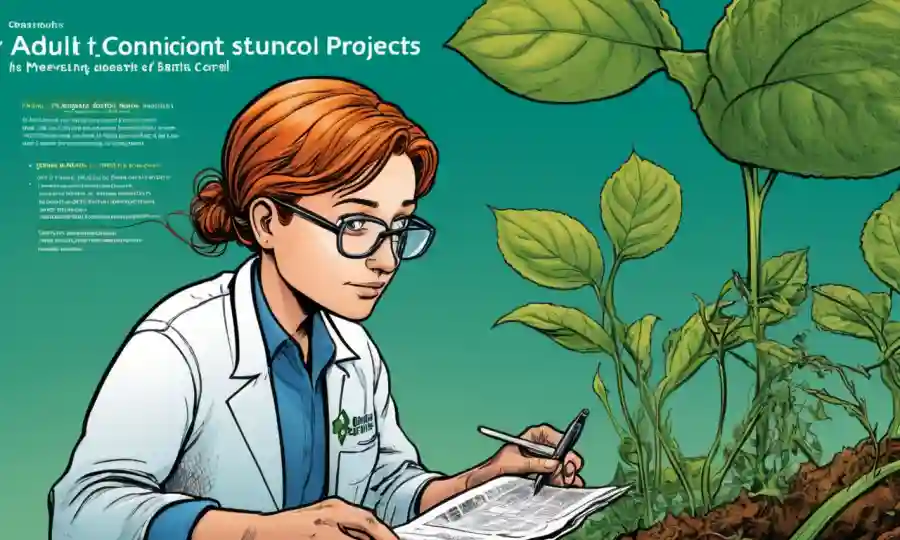 Un biólogo que examina plantas cerca de un texto superpone opciones de financiación para proyectos de biocontrol.