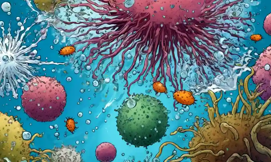 Vista microscópica de esporules dispersing en agua con diversos organismos alrededor.