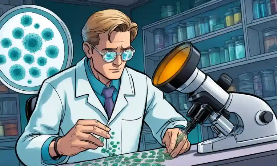 Científico estudiando diapositivas de microscopio con esporas visibles bajo aumento.