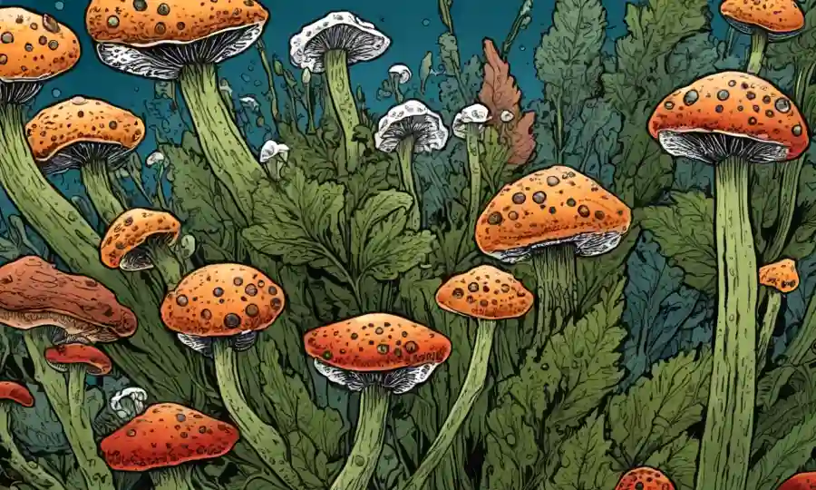 Esporas microscópicas en una planta o hongos que se propagan de una flor o gorra de hongos.