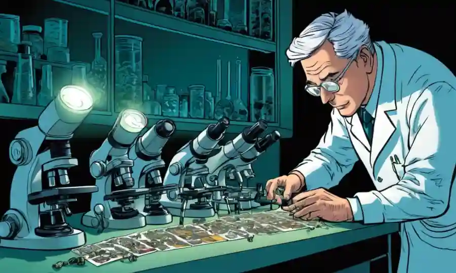 Científico examinando microscopios se desliza bajo iluminación de laboratorio.