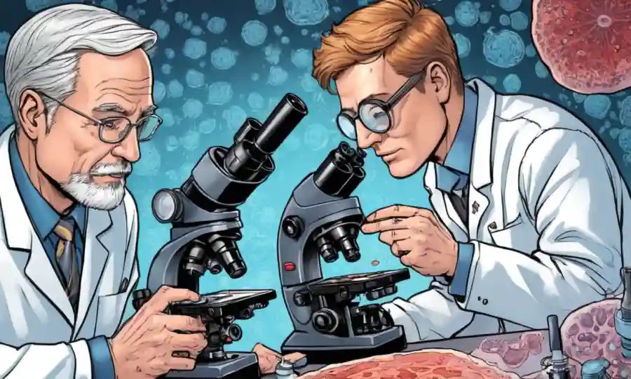 Científico mirando microscopios y diagramas de hongos en las células de la piel humana.