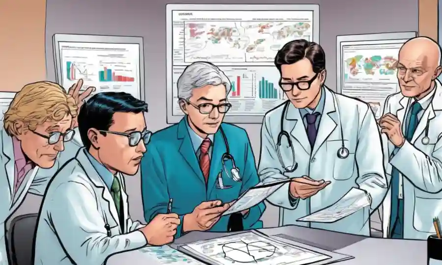 Científicos revisando datos sobre gráficas y gráficos discutiendo avances en el tratamiento de la micosis.