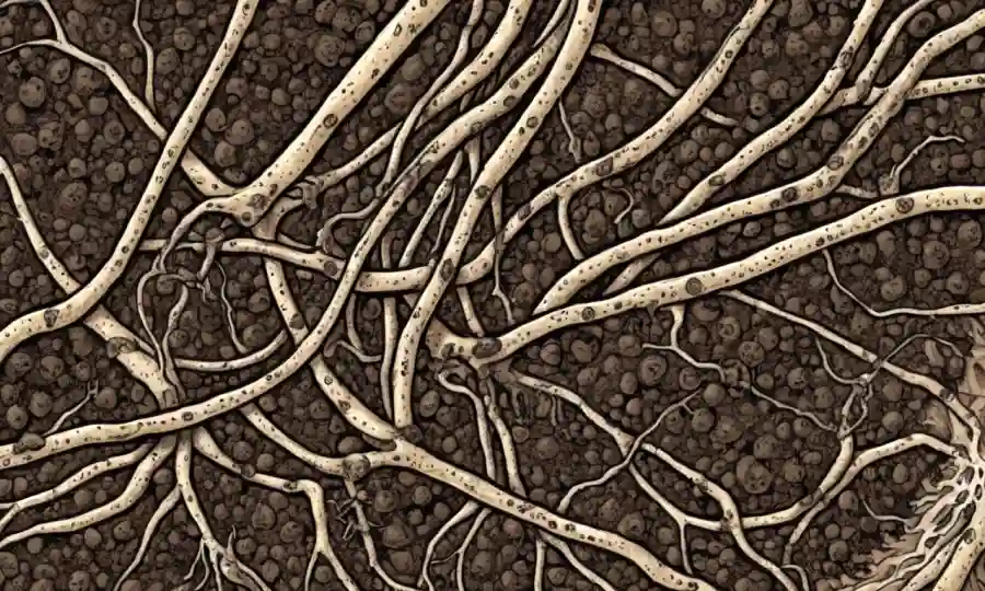 Imagen microscópica de esclerocia fúngica rodeada de raíces vegetales o partículas de suelo.