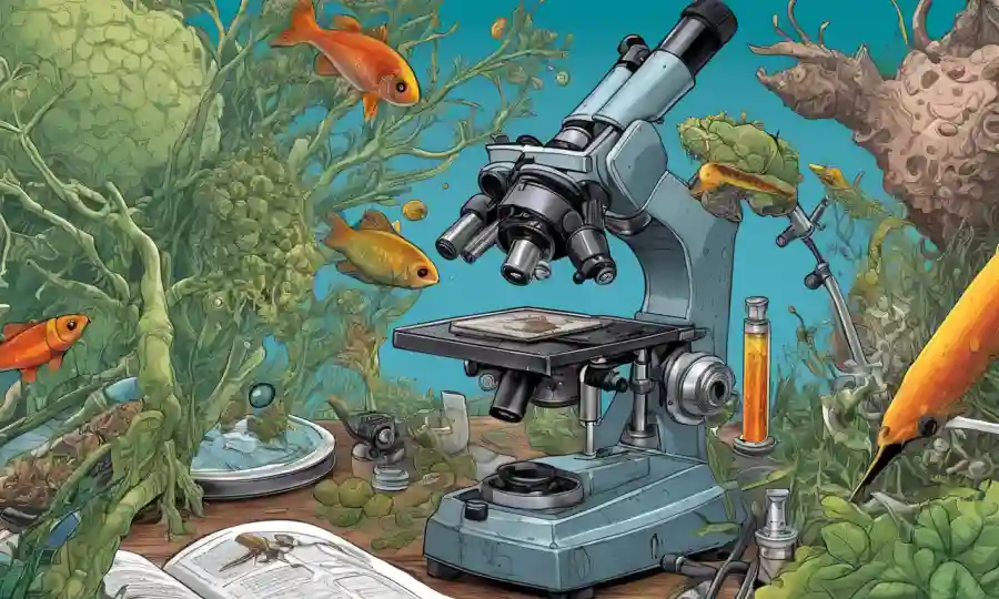 Las ilustraciones de simbiosis ecológica rodean imágenes de microscopio y diagramas de investigación.