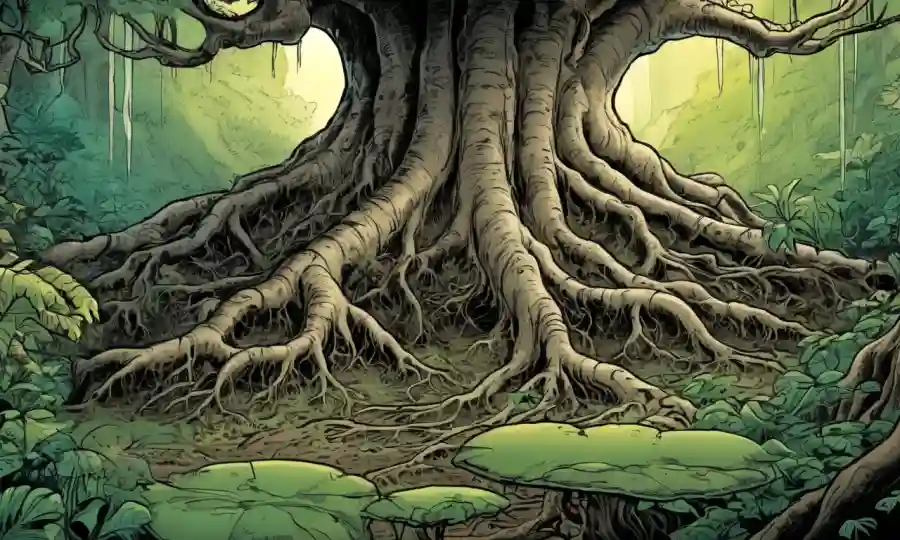 Un acercamiento de las raíces de árboles conectadas por hongos con un fondo de bosque exuberante para representar la relación ecosistema.