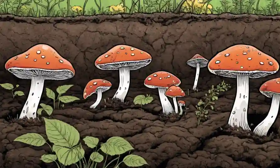 Fungi creciendo en suelo, destacando los beneficios del control biológico basado en hongos.