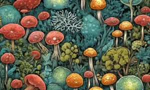 Imagen microscopio de células fúngicas entre ilustraciones botánicas