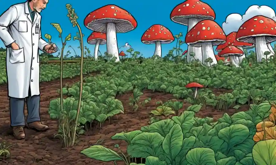Los hongos crecen naturalmente junto a los cultivos con un científico analizando en el fondo.