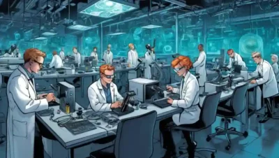 Científicos en capas de laboratorio trabajando en microscopios y computadoras en medio de equipos futuristas.