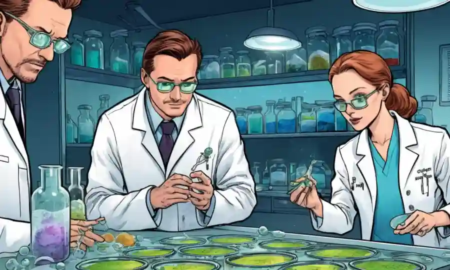 Científicos en capas de laboratorio que examinan platos petri con culturas y diagramas fungosos.