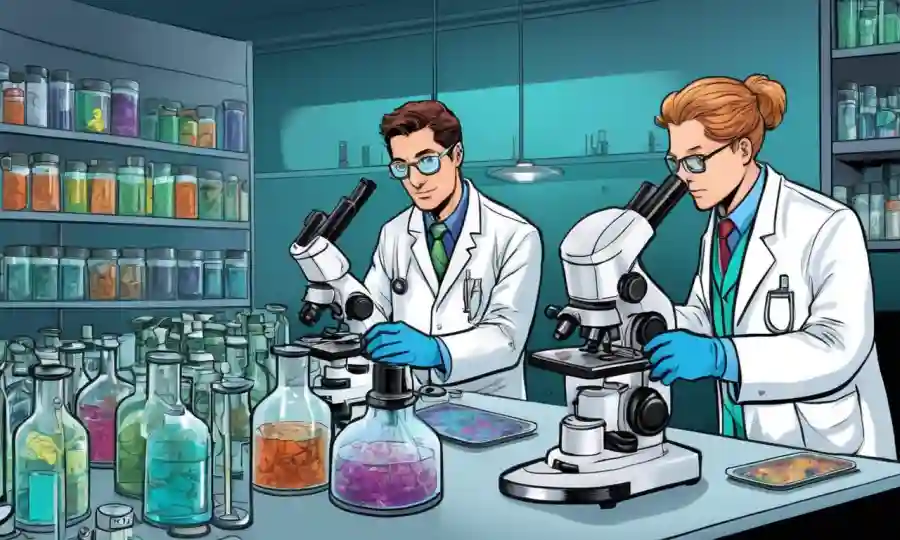 Científicos en capas de laboratorio que estudian platos petri con imágenes del microscopio.
