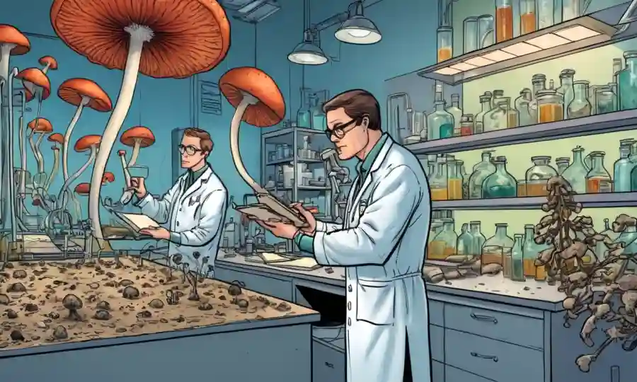 Investigadores científicos que estudian hongos en laboratorio, destacando la importancia de la educación y la conciencia.