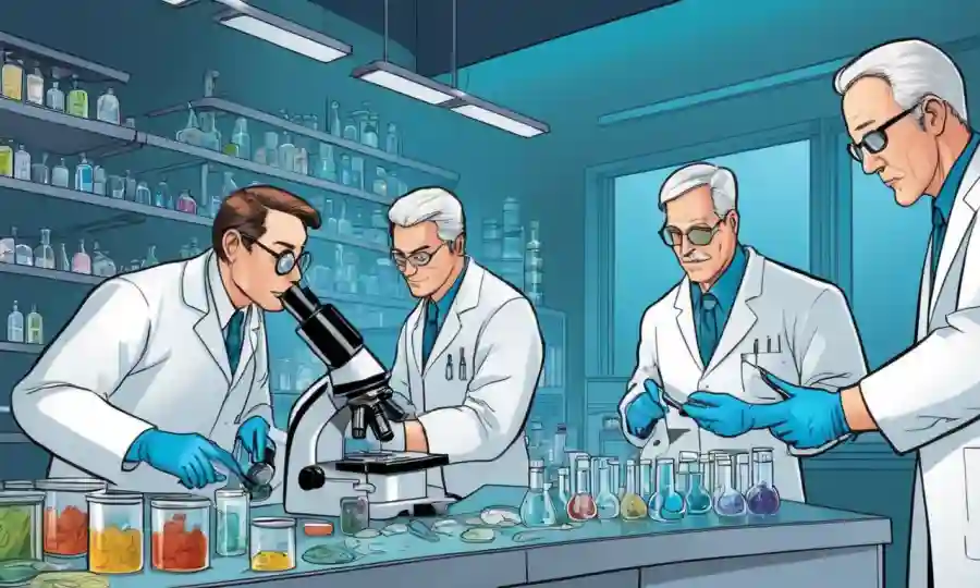 Un grupo de científicos en un laboratorio que examina las diapositivas del microscopio de organismos simbióticos.