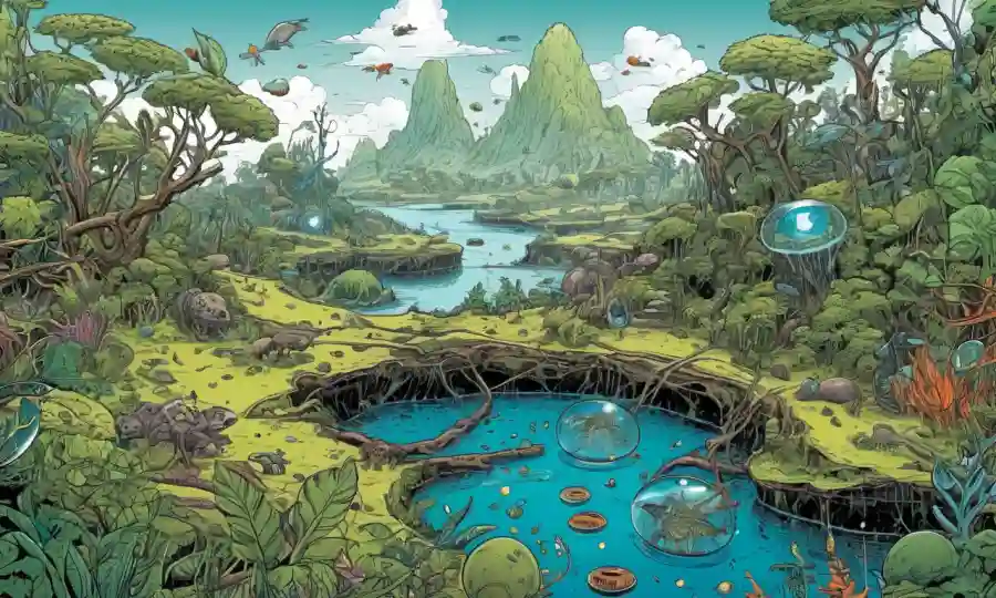 Ilustraciones interconectadas de ecosistemas y organismos con elementos de ciencia ficción.