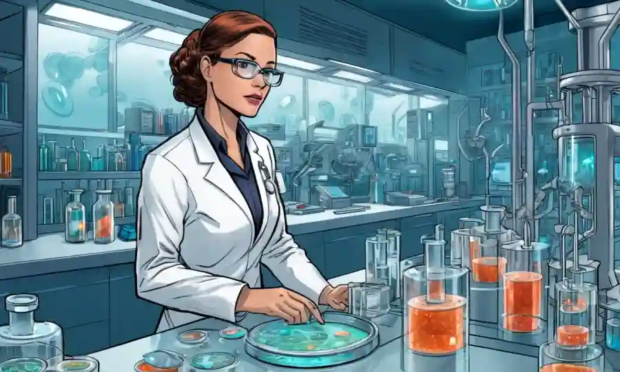 Microbiólogo Cultivos de platos Petri en medio de equipos de laboratorio futuristas.