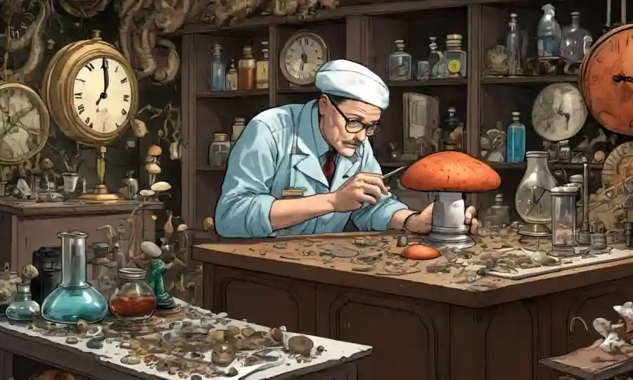 Un micólogo que estudia especies de hongos en un laboratorio con equipos vintage en medio de un fondo de relojes y artículos históricos.