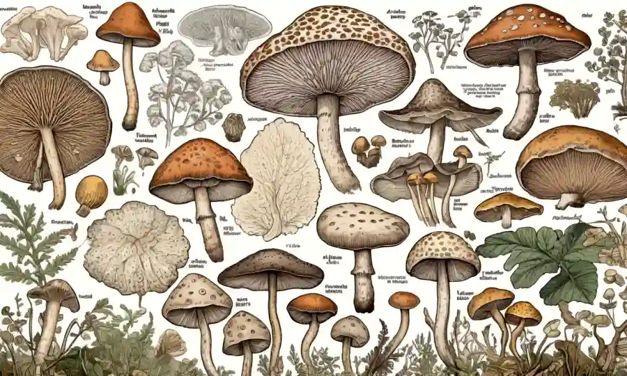 Setas y especies fúngicas con detalles y etiquetas intrincadas entre diagramas y diagramas científicos.