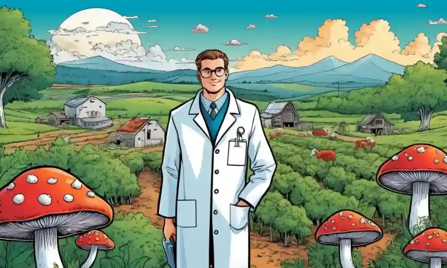 Setas ilustraciones con paisajes agrícolas y científicos en abrigos de laboratorio.