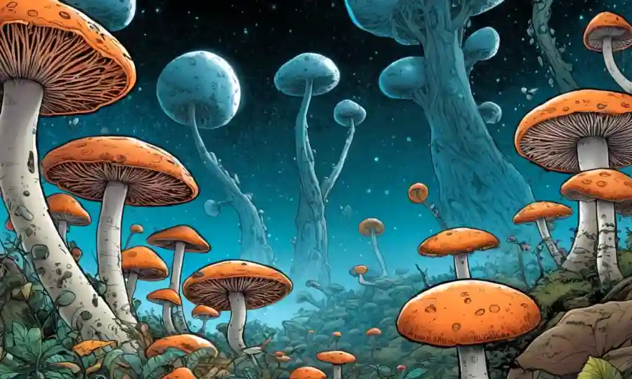 Redes de hongos abstractos que conectan diversos humanos y fondos tecnológicos.
