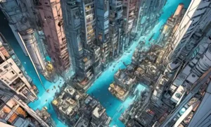 Una fusión de imágenes microscópicas con paisajes urbanos futuristas.