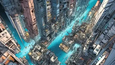 Una fusión de imágenes microscópicas con paisajes urbanos futuristas.
