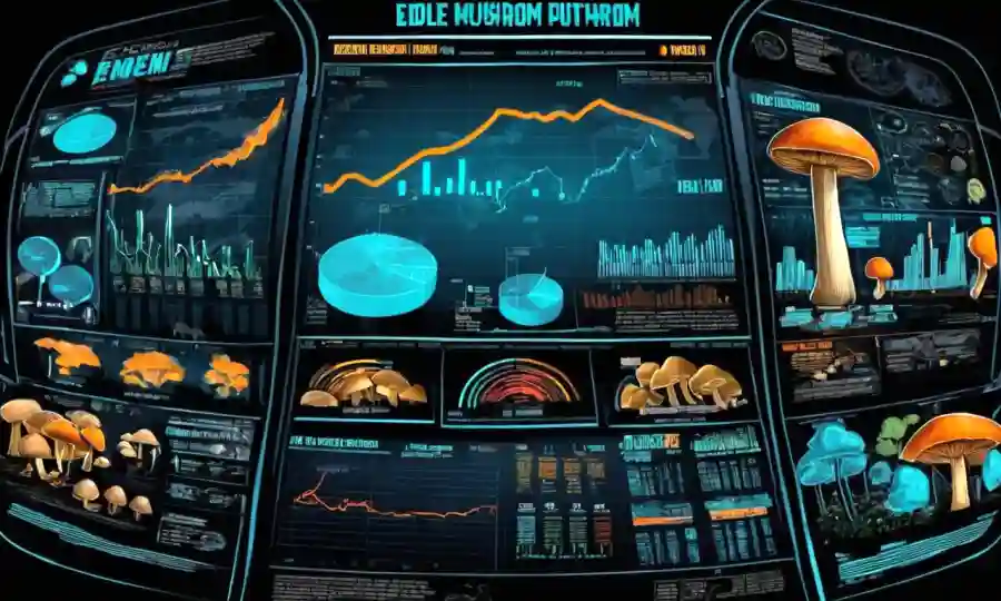 Gráficos económicos y datos de mercado relacionados con el comercio de hongos comestibles en pantallas futuristas.