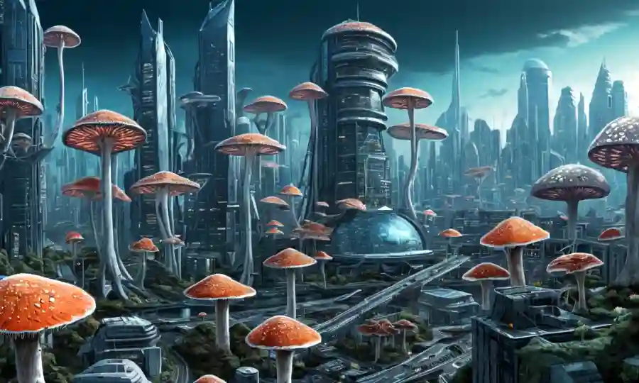 Una especie fúngica creciendo en un futurista paisaje urbano.