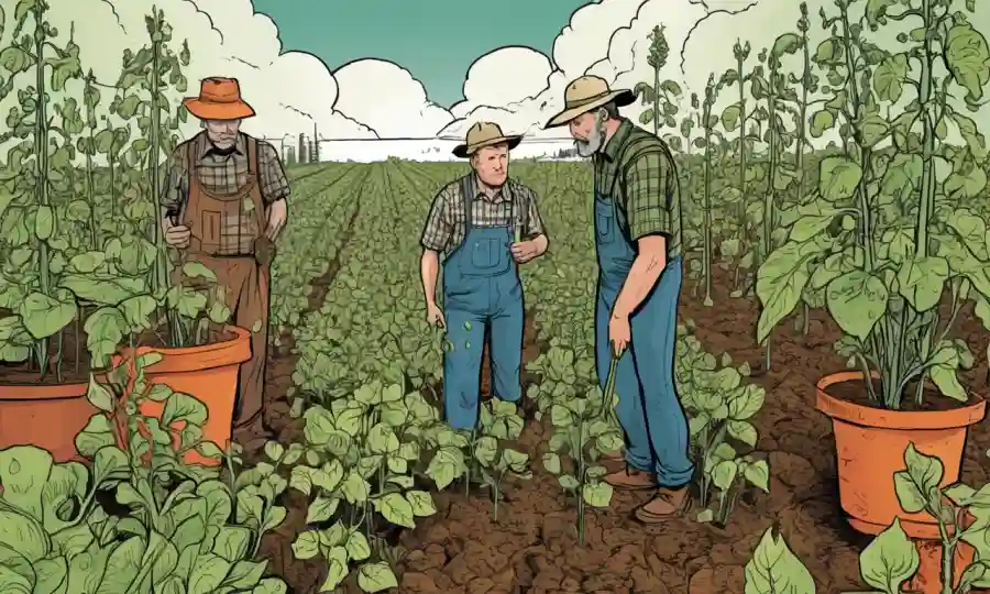 Ilustración de agricultores que observan crecimiento de plantas con esclerocia representada conceptualmente a través de formas abstractas.