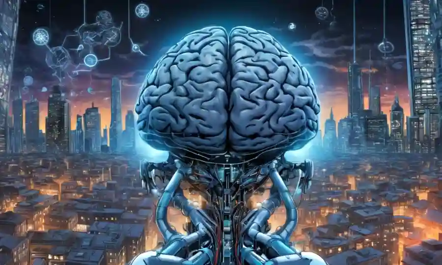 Un escaneo cerebral con futurista paisaje urbano en el fondo, rodeado de células cerebrales y símbolos científicos.
